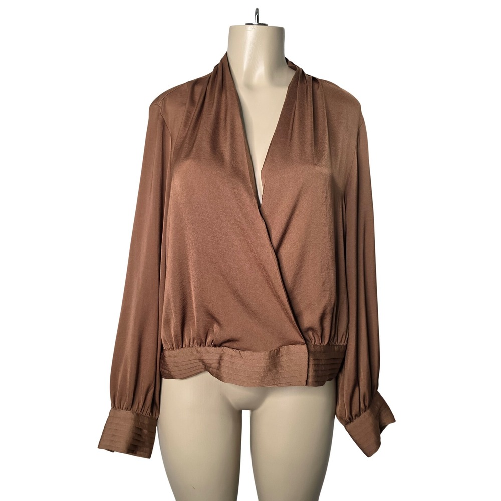 Banana Republic Blouse Womens XL Brown Surplice Satin Wrap Pleated Cuff Top